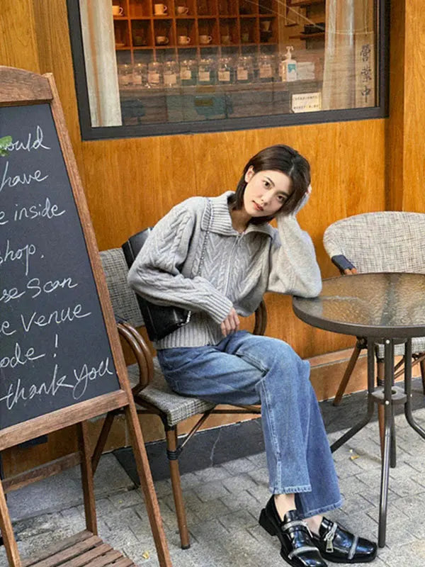 Tweed Lapel Zipper Cardigan Sweater for Women Vintage Knit Style