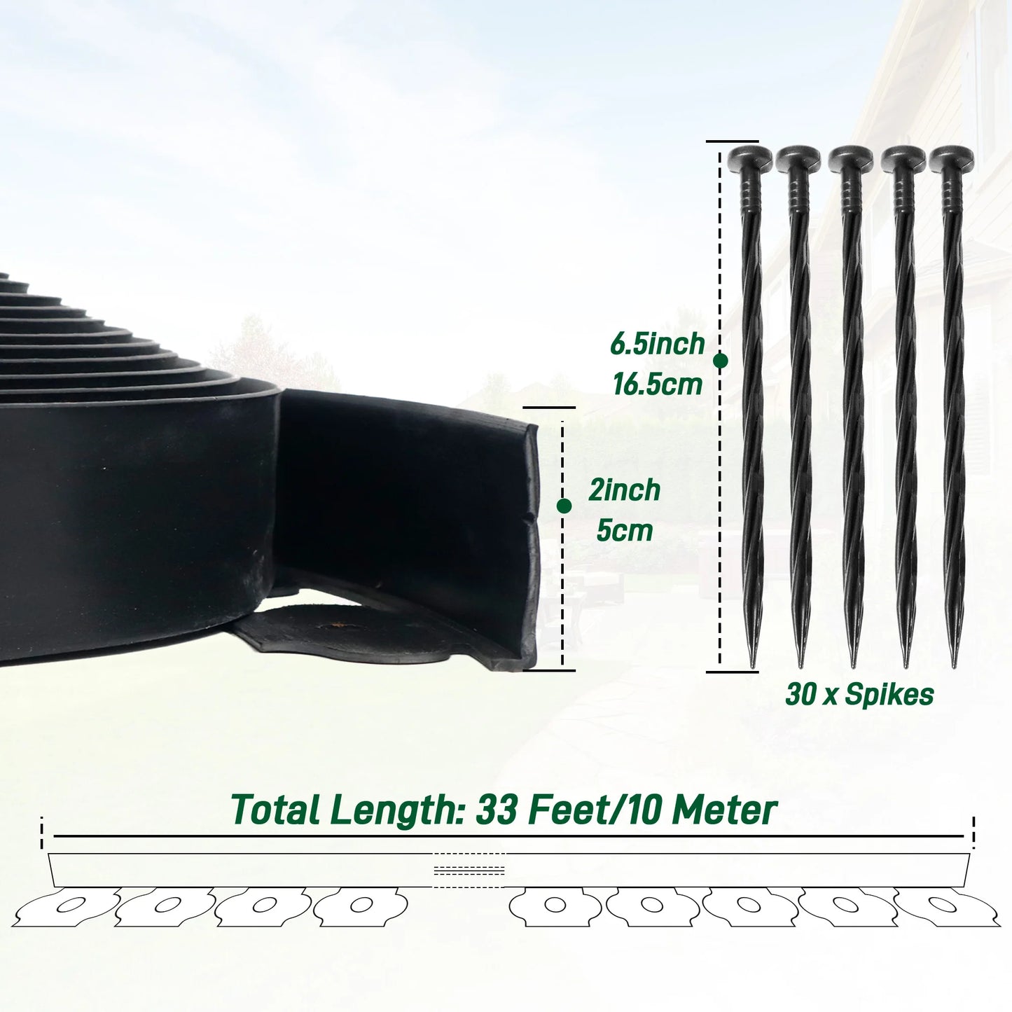 33FT Landscape Edging Kit, Garden Edging Coil Comes with 30 Pcs Spikes, No Dig Lawn Border Design