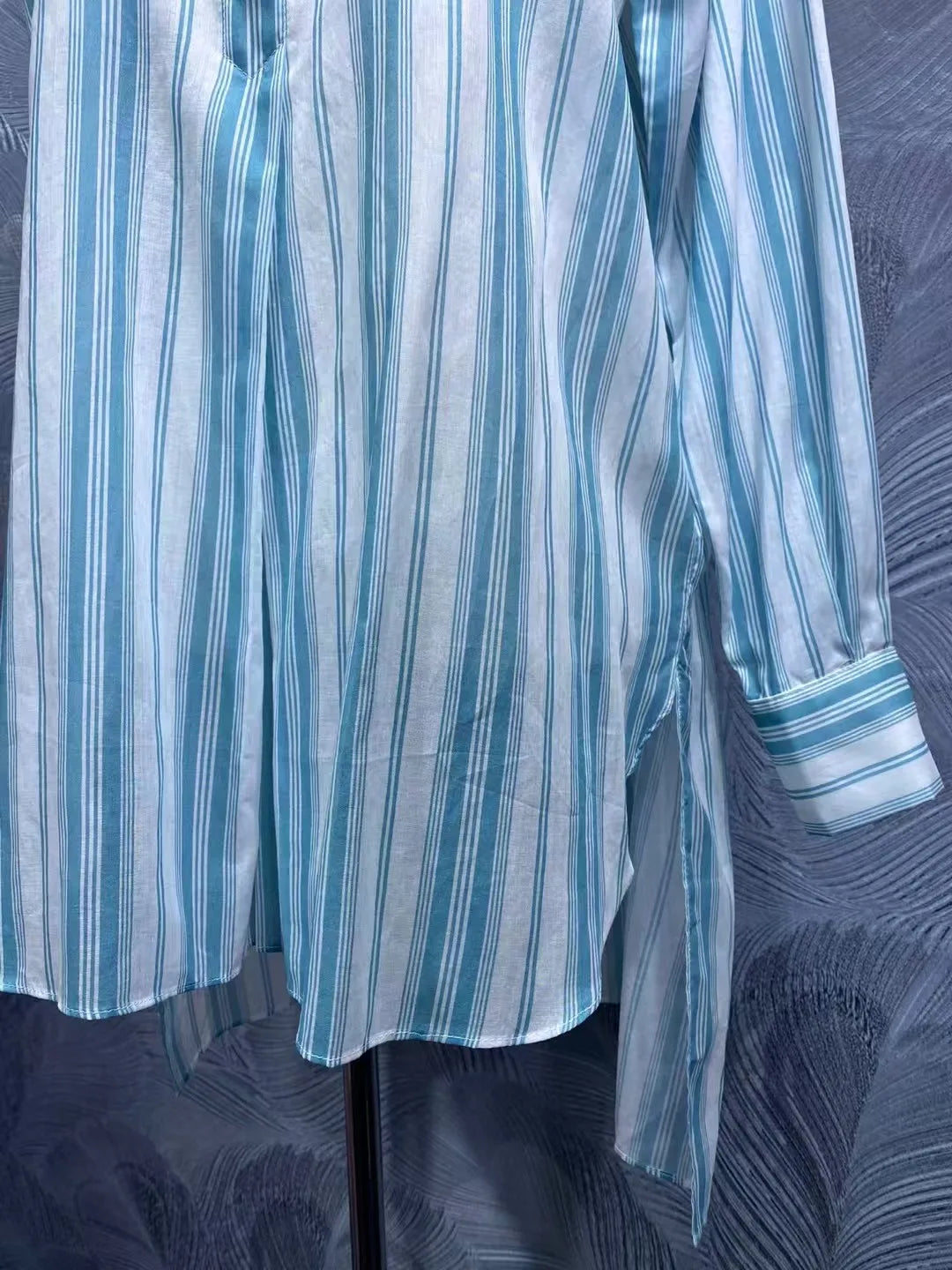 Women's summer stand collar cotton striped long sleeve shirt