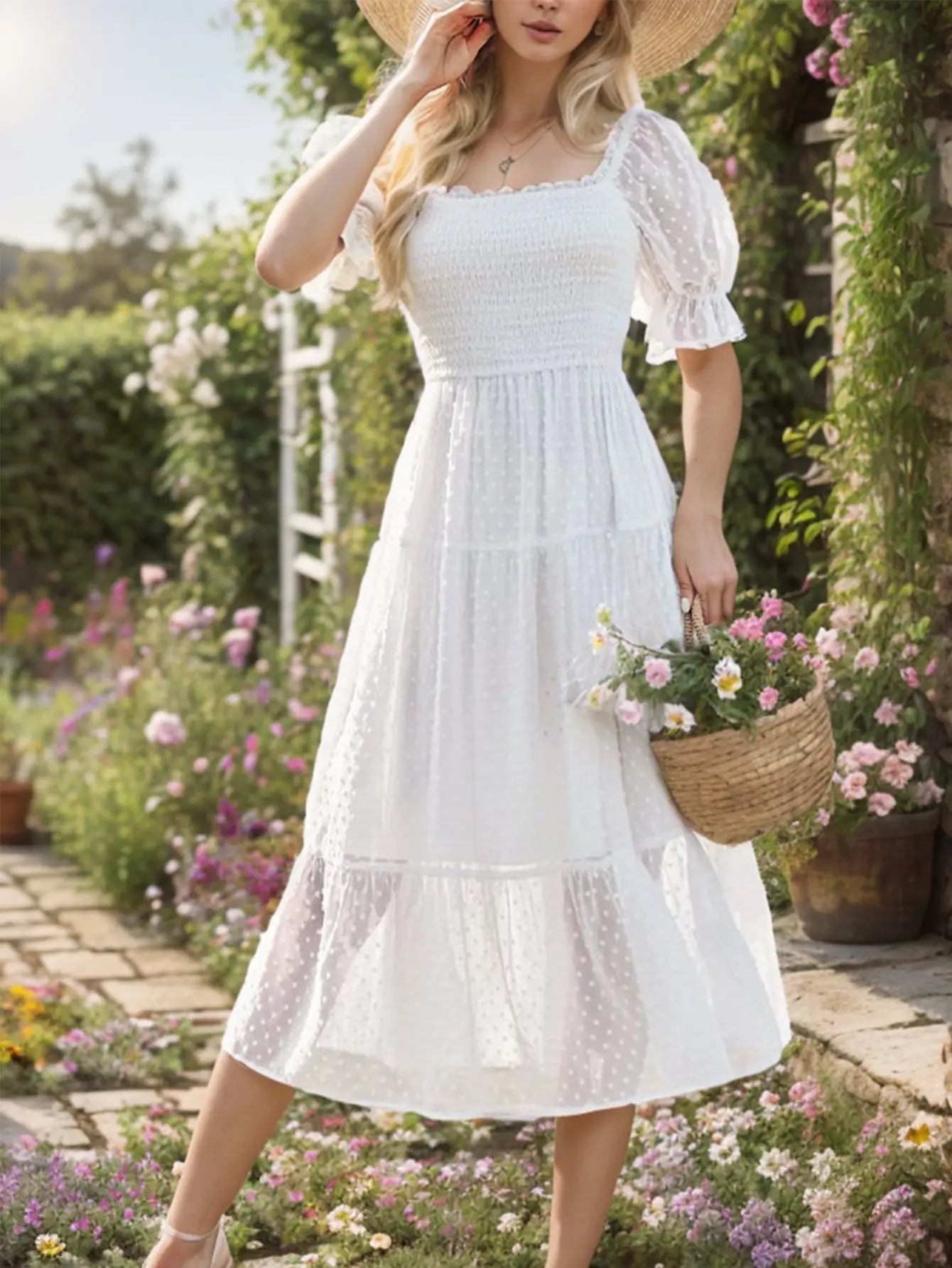 Women's Square Neck Puff Sleeve Boho Midi Dress Swiss Dot Ruffle Tie Back Dress