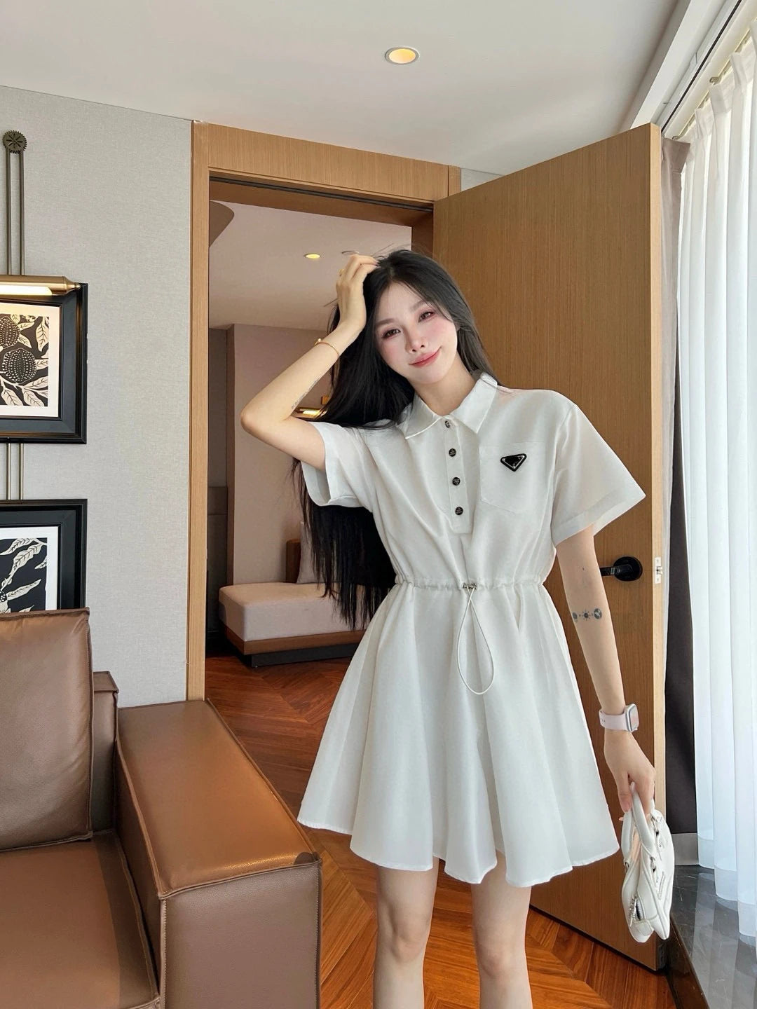 2025 New Women's Fashion Simple Solid Color Drawstring Waist Short Sleeve Dress