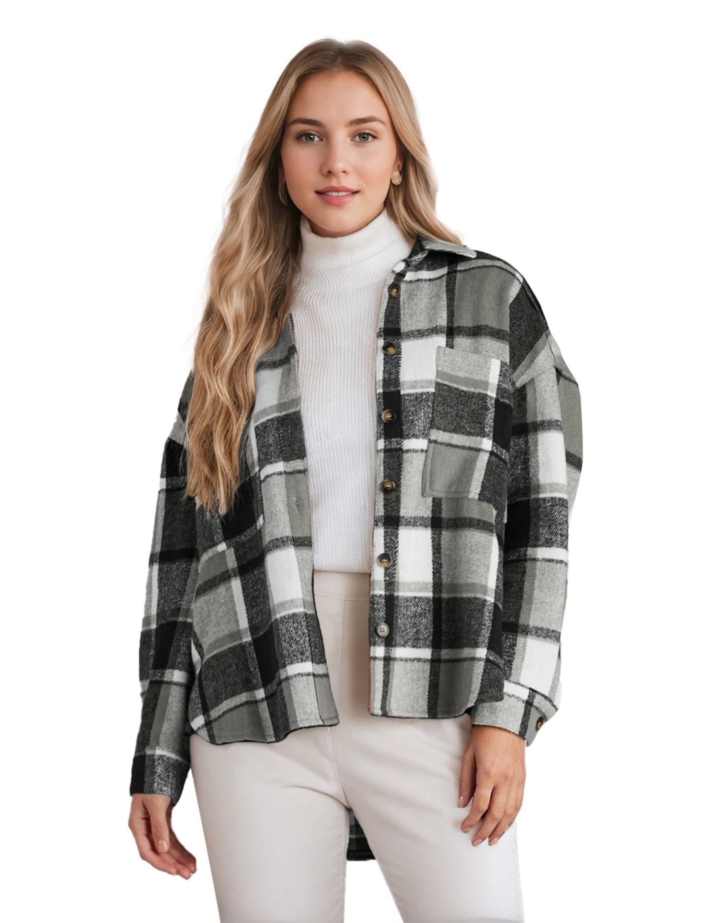 Women's Chequered Shirt Jacket, Long Sleeves, Loose Shacket, Flannel Shirt Blouse