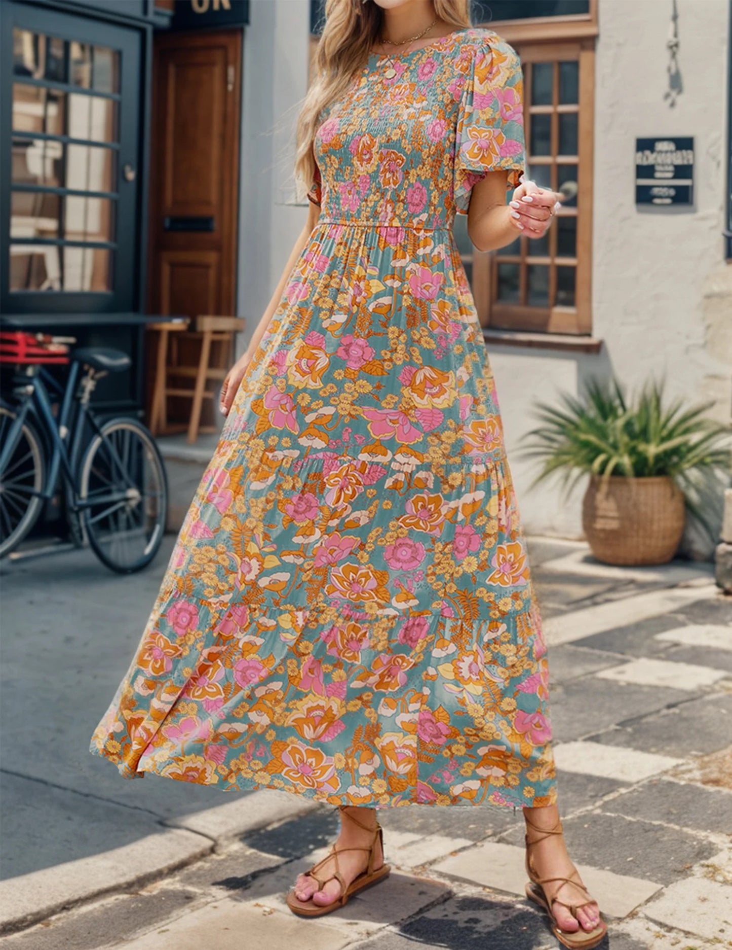 Casual Pastoral Style Floral Print Dress Long, Crewneck Short Sleeves High Waist