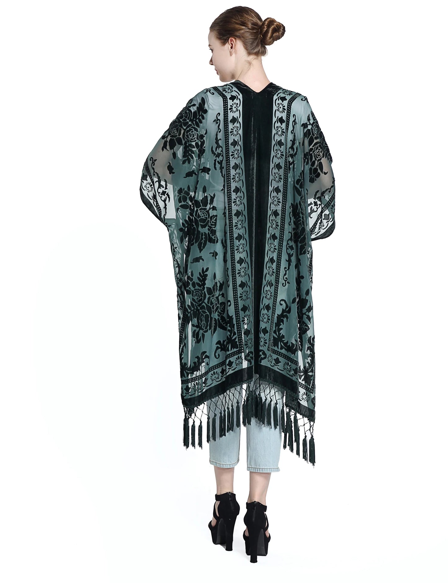 Women's Burnout Velvet Kimono Long Cardigan Cover Up with Tassel Dark Green