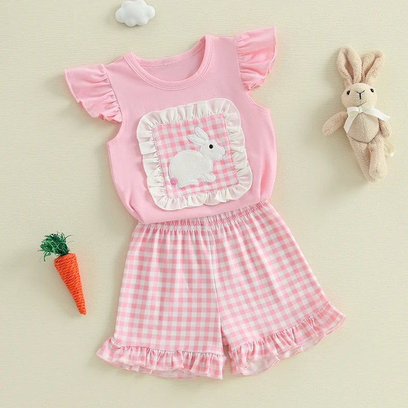 Girls Floral Print Ruffle Sleeve Top and Denim Shorts Set with Bow Detail -