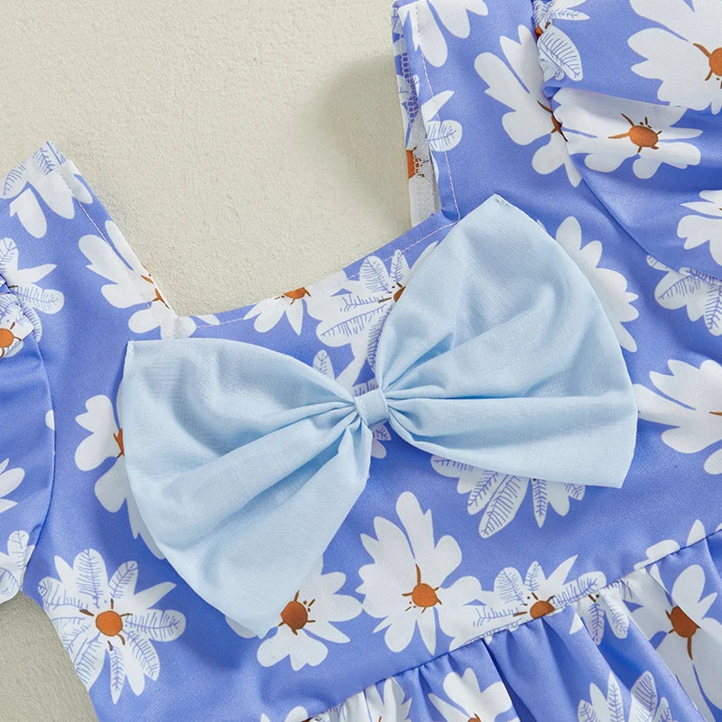 Girls Sleeveless Floral Print Square Neck Bow Summer Dress Kids Casual Clothes