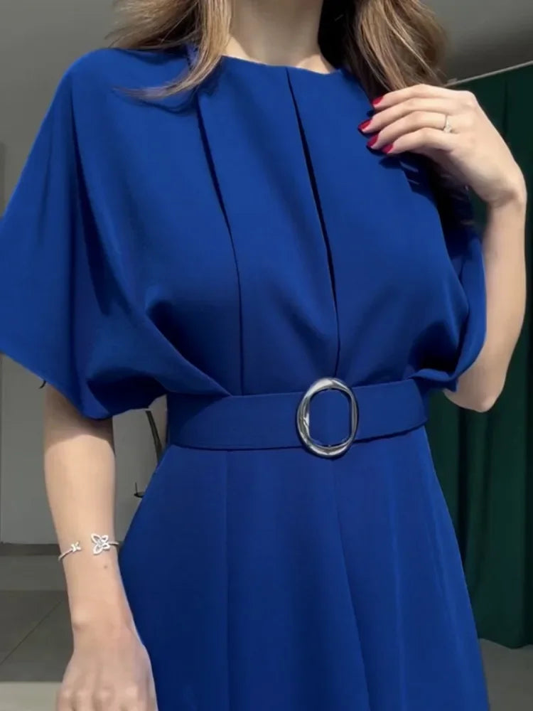 2025 Woman Summer Dress Elegant Office Dresses 2025 New Short Sleeve with Belt Pleated