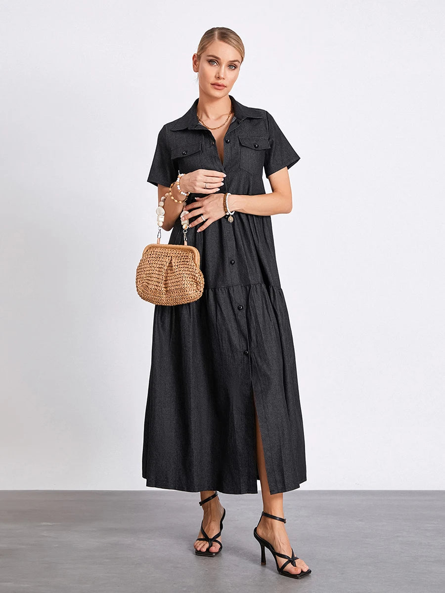 Women s Plus Size Denim Dress Short Sleeve Turn Down Collar