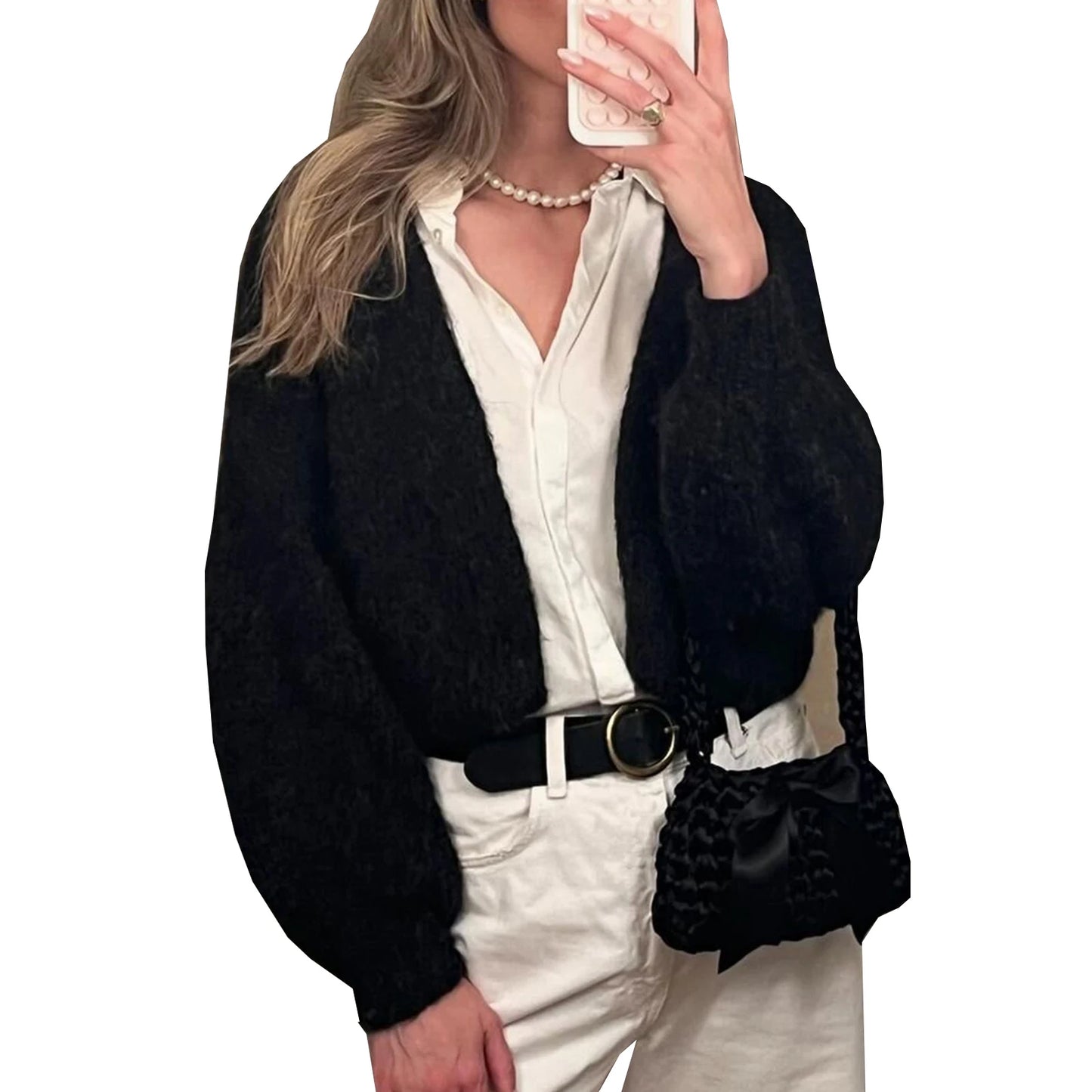 Knit Cardigan Open Front Long Puff Sleeve Women Jacket