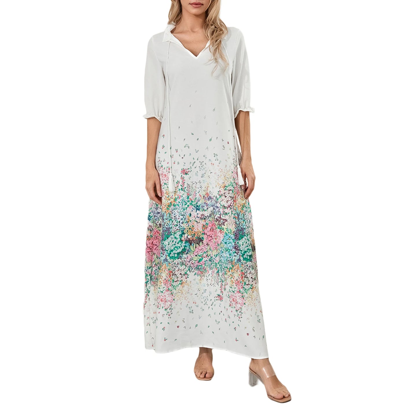 Women Long Dress Elegant Short Sleeve V Neck Flower Graphic Print