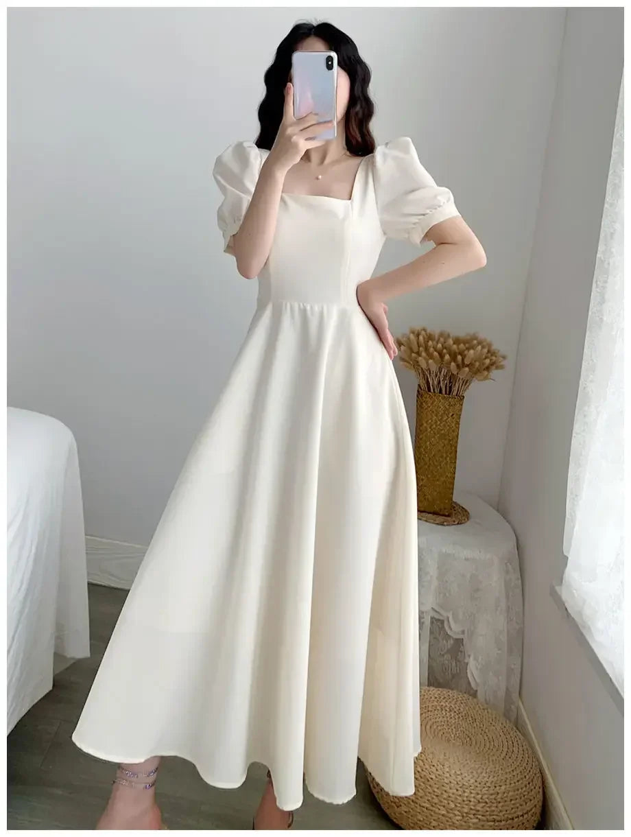 White Dress Bubble Sleeve Square Neck Light Wind Style Long Skirt Korean Style