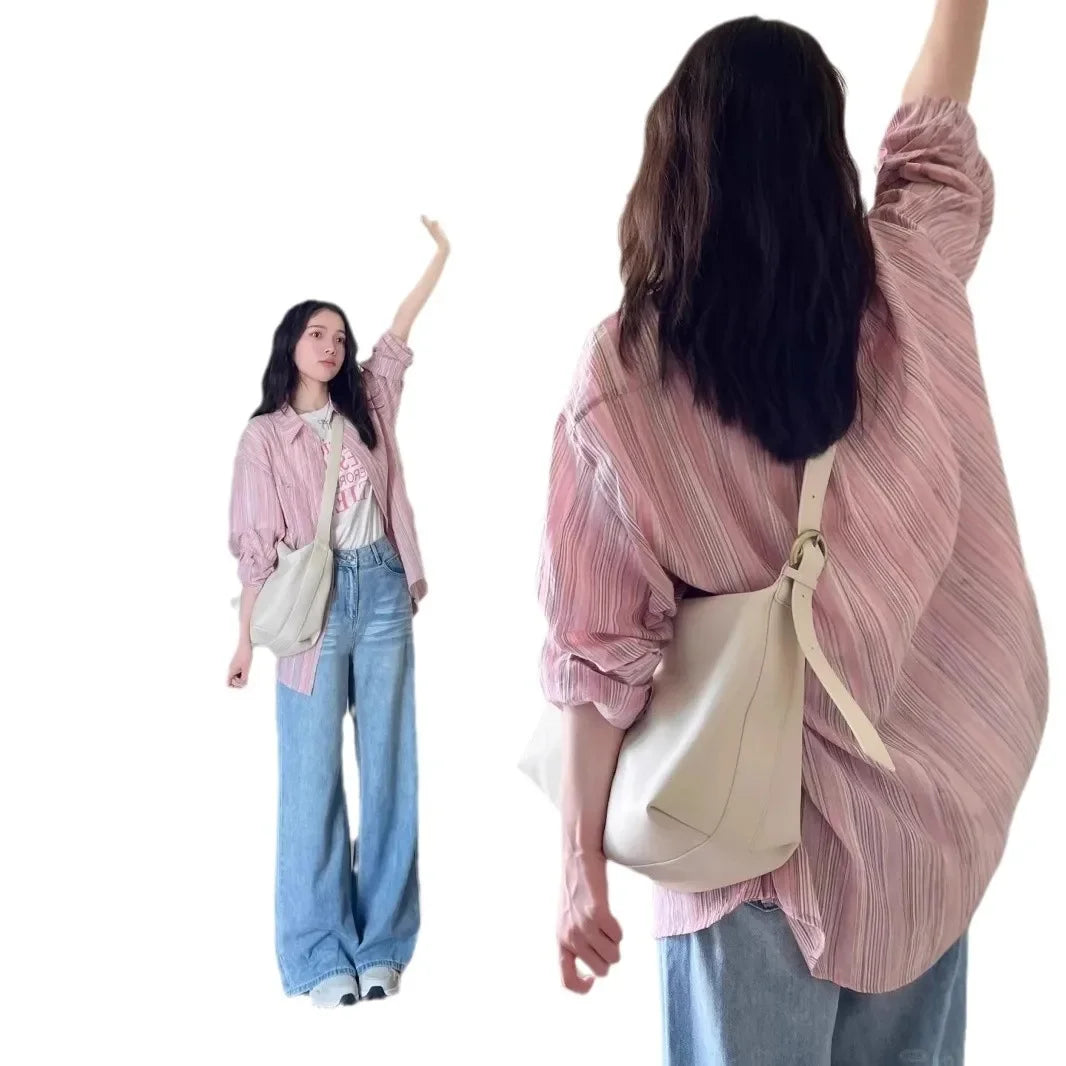 Pink Striped Women's Shirt Thin New Style Summer Sun Protection