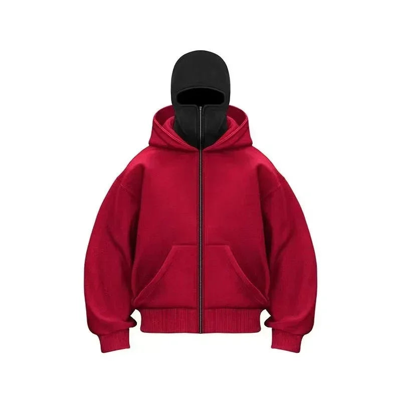 Men Hip Hop Double Hat Balaclava Hoodie Windproof Zipper Face Mask Sweatshirt