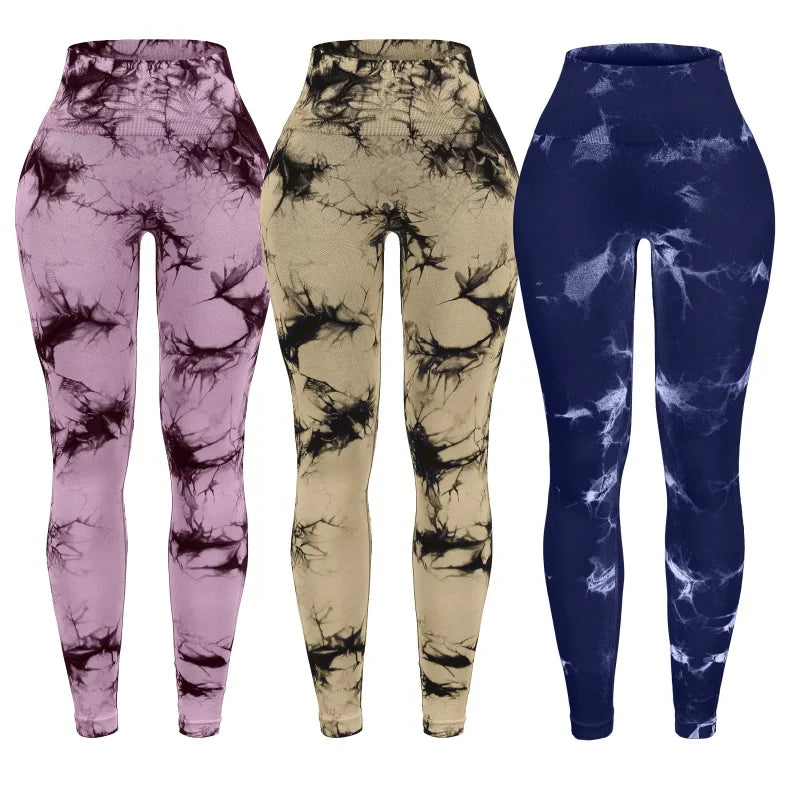 3 Piece Workout Leggings Sets for Women High Waisted Tie Dye Gym Scrunch Butt Lifting Seamless Yoga Leggings Athletic Pants