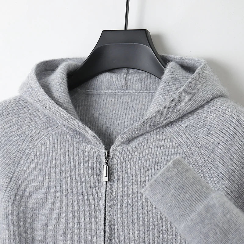 Merino Wool Hooded Zipper Cardigan For Men In Autumn Winter