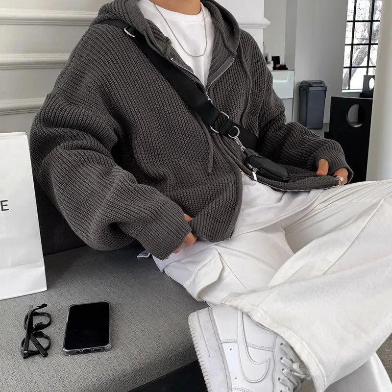 Men's Korean Light Luxury Knit Hooded Cardigan Sweater Casual