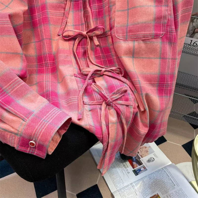 Neploe American Retro Pink Plaid Shirt for Women Spring Autumn