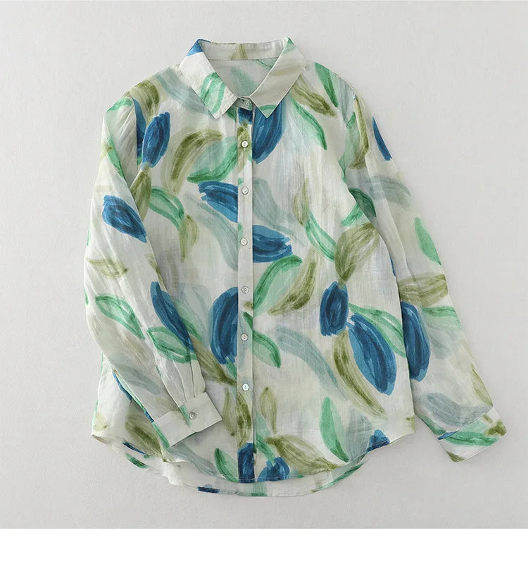 Women Cotton Linen Floral French Artistic Print Shirt Top For Autumn