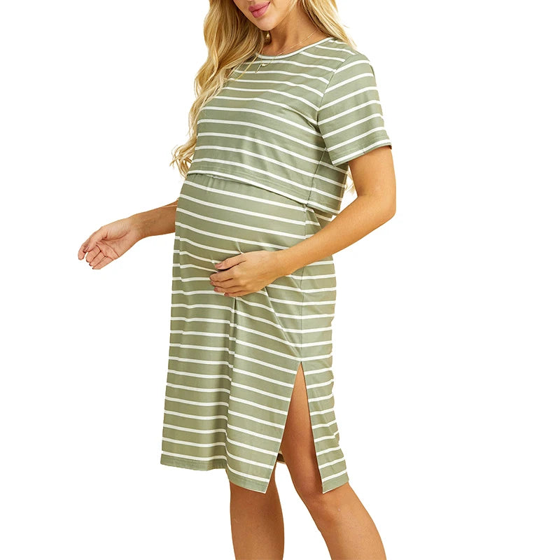 Breastfeeding Dress Short Sleeve Striped Nursing Dress For Breastfeeding