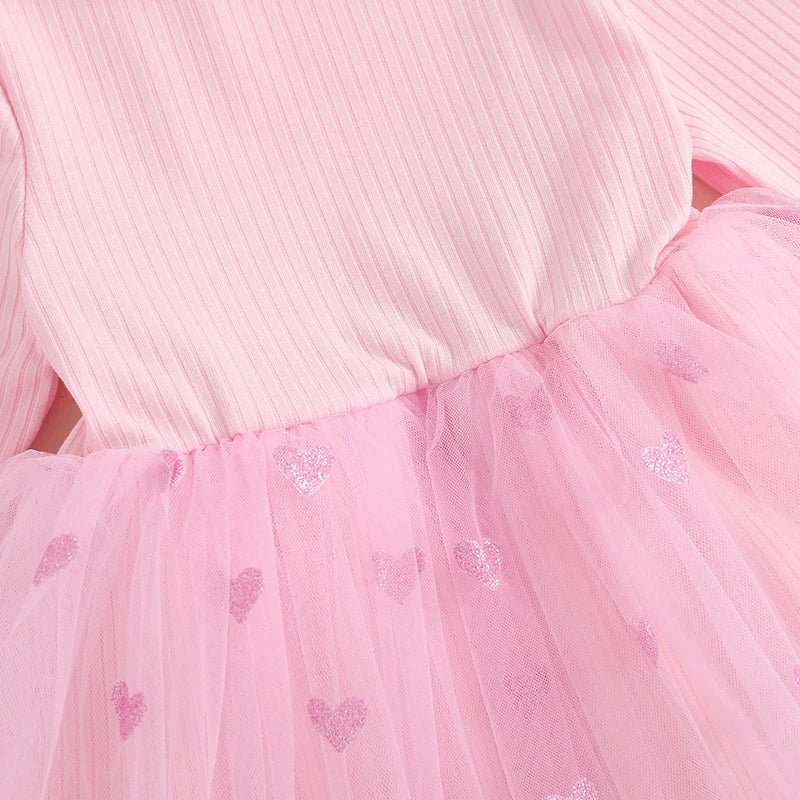 Girls Valentine s Day Heart Print Ruffle Sleeve Dress Toddler Kids Princess Party Dress with Tulle Skirt and Bow