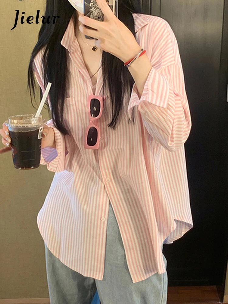 Jielur Spring Pink Striped Women's Shirts Summer Loose Blue Pockets