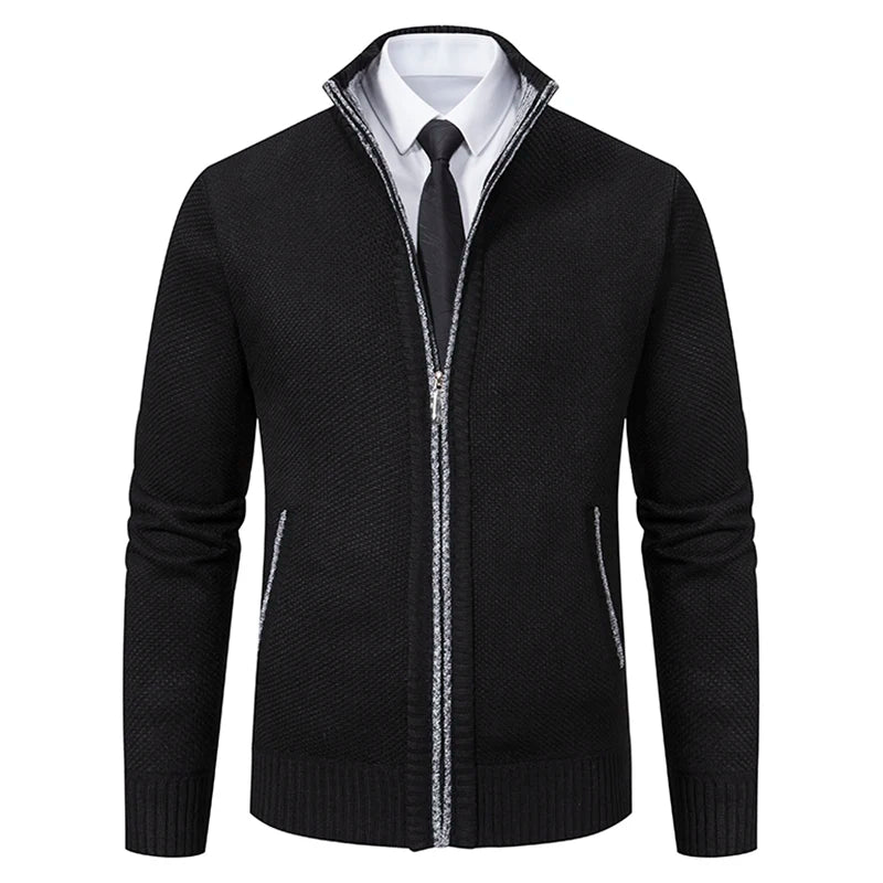 Men's Autumn Winter Velvet Cardigan Jacket Zip Closure Knit Polyester