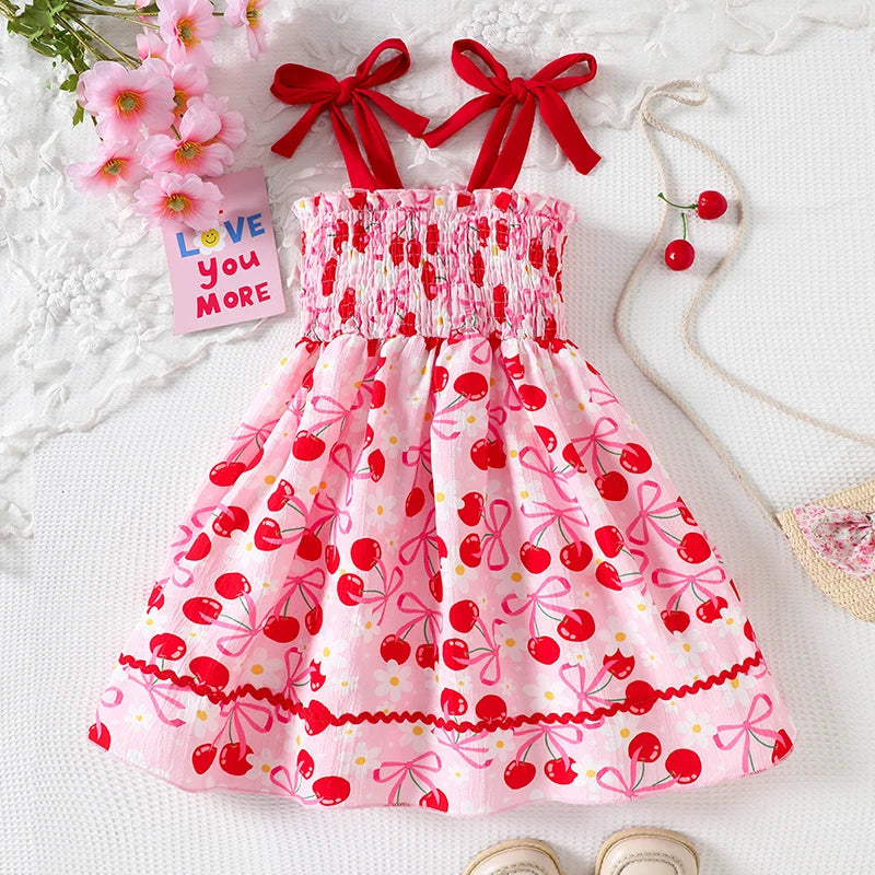 Girls Sleeveless Floral Print A-line Dress with Bow Detail and Cherry Pattern