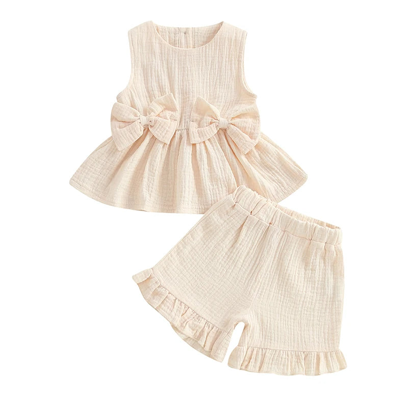 2024-12-24 Lioraitiin Toddler Baby Girl Summer Clothes Solid Color Bow Round Neck
