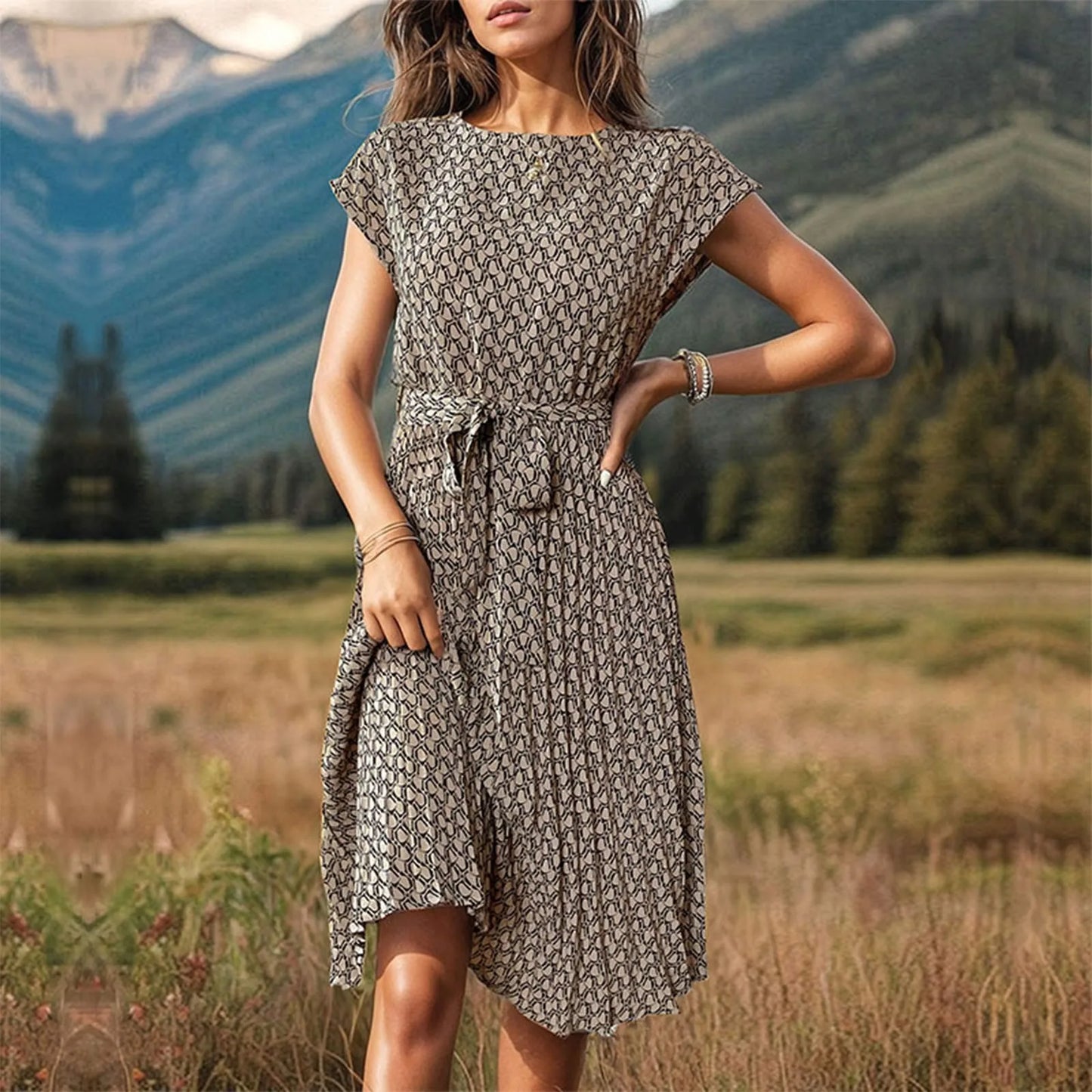 Vestidos Dress For Ladies Fashionable Printed Lace-Up Summer New Dress