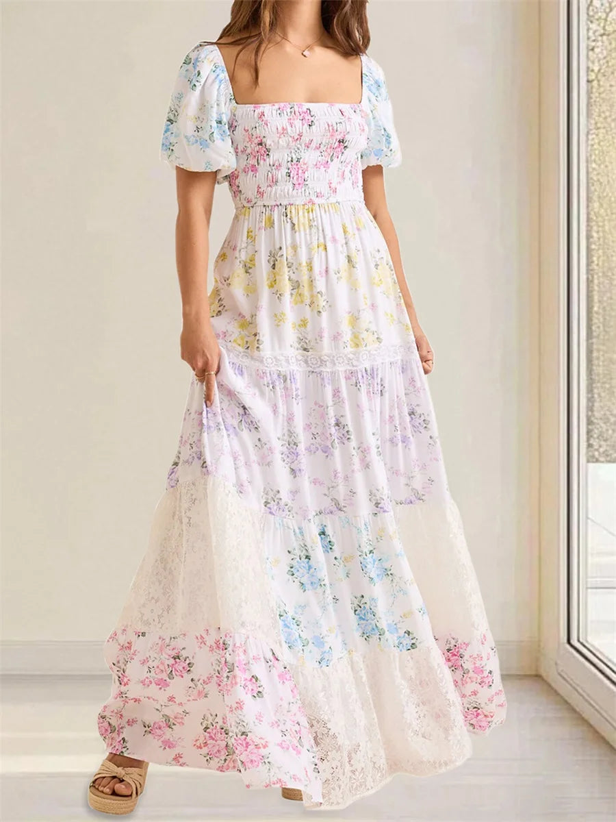 Elegant Floral Print Short Sleeve A-Line Dress with Ruffled Hem for Women