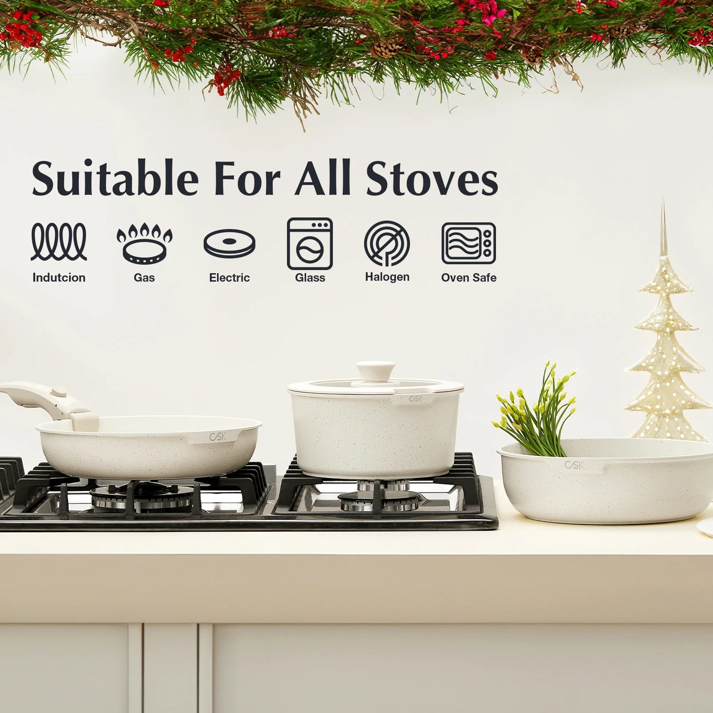 17 Piece Nonstick Skillet and Saucepan Set with Silicone Lid and Utensils Induction, Detachable Handle, Oven Available, Beige