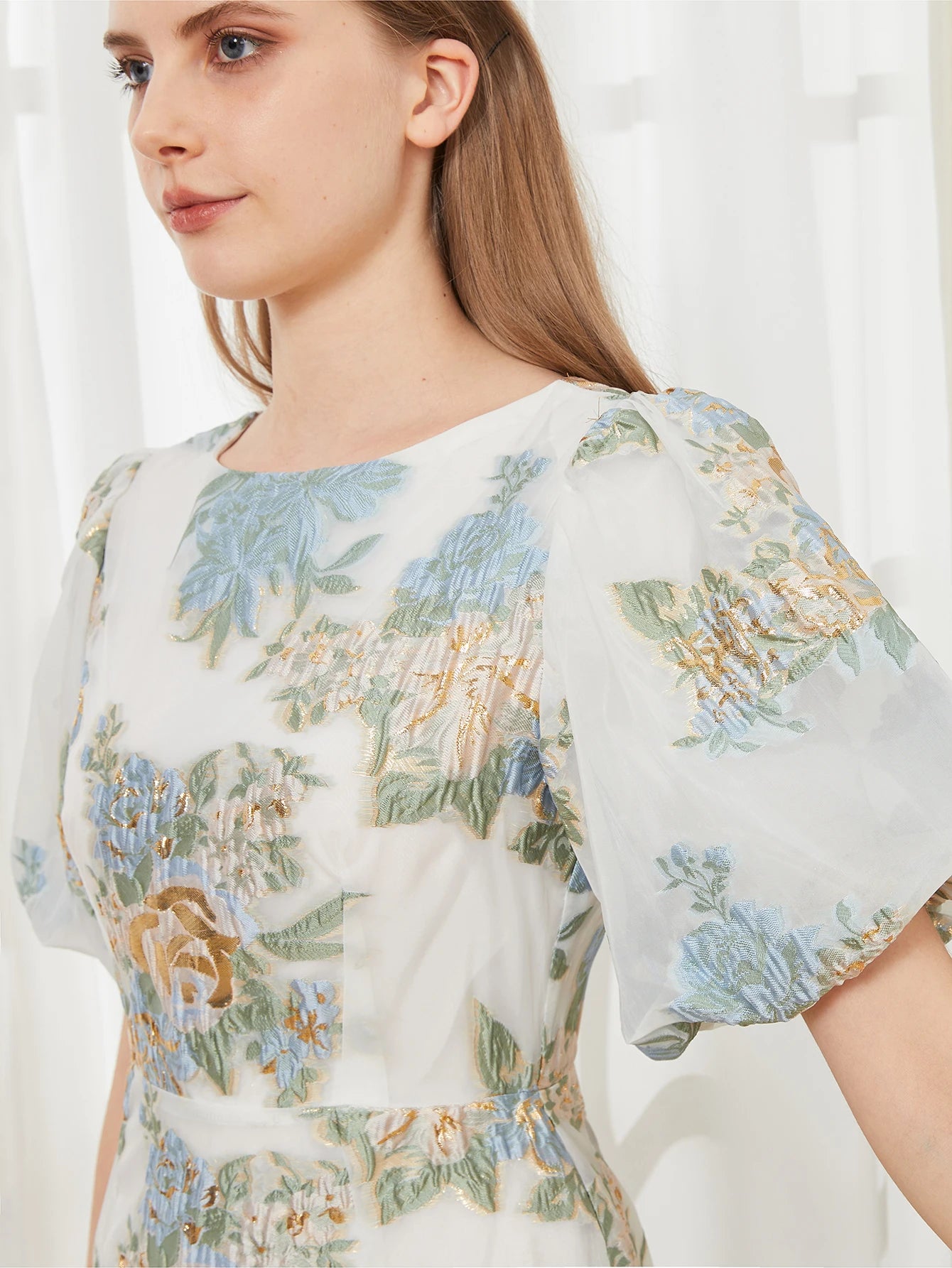 New French Retro Bubble Sleeve Round Neck Mermaid Midi Dress Light Luxury Elegant