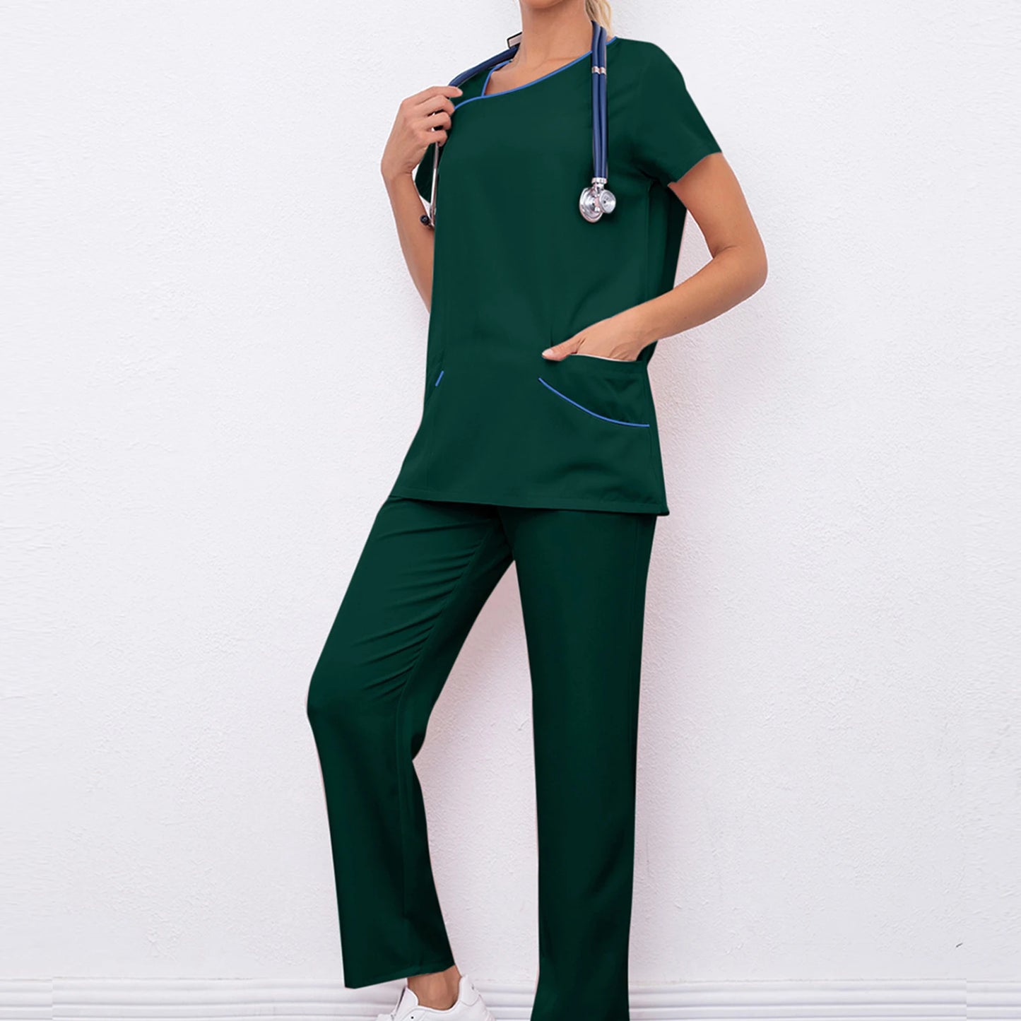 Women's Nurse Scrub Set Asymmetric Neck Short Sleeve Multi-Color Contrast Pocket Long Pants Medical Cozy Professional Workwear