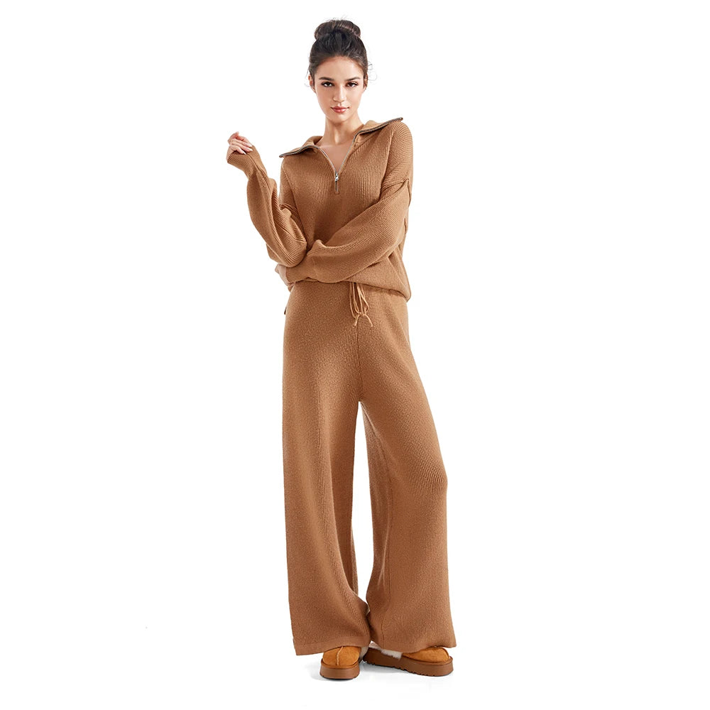 Two Piece Lounge Set Tracksuit Oversized Zip Pullover Polo Neck
