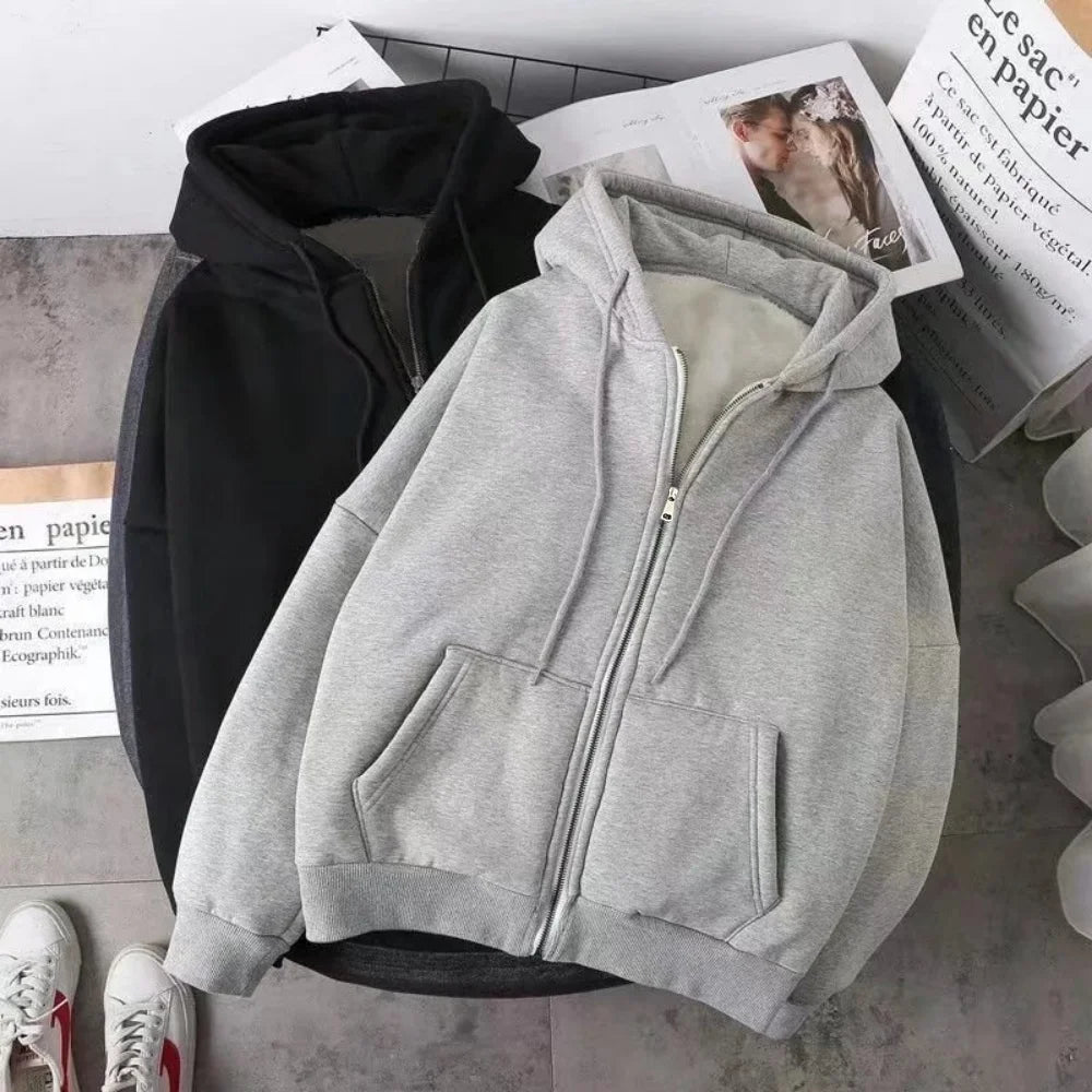 Elegant Women Chic Hoodies Fashion Autumn Winter Fleece Zipper Sweatshirts