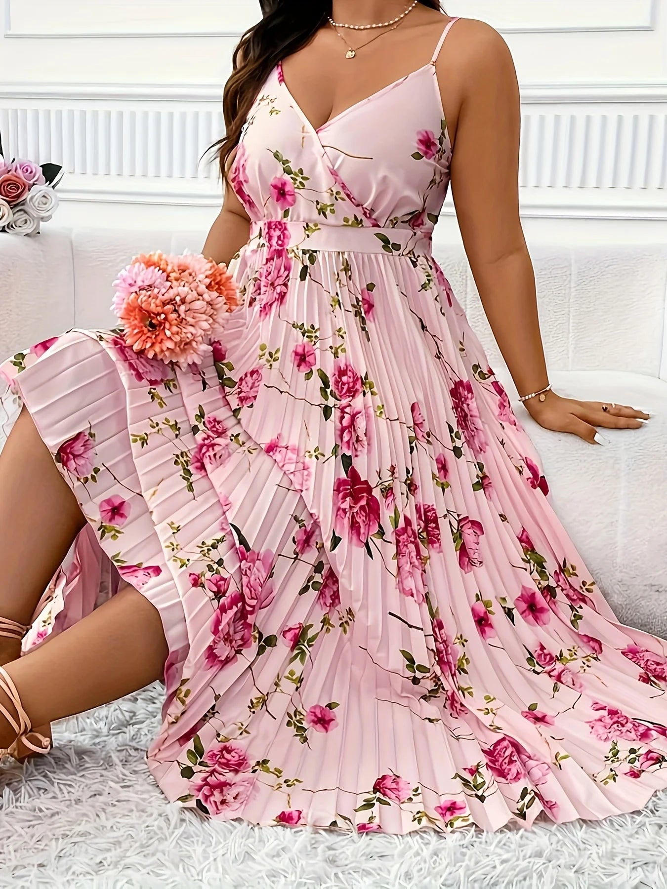 Fashionable And Casual Pleated Printed Slim Shoulder Strap Elegant Dress