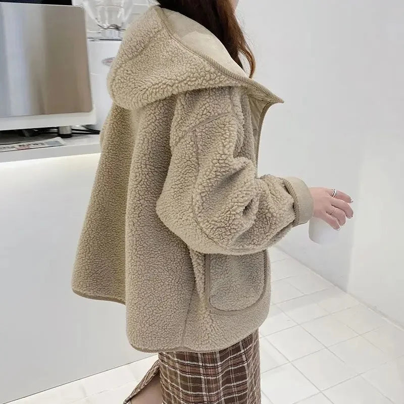 Ladies Winter Thickened Lamb Fur Jacket Hooded Coat Korean Style Loose Casual
