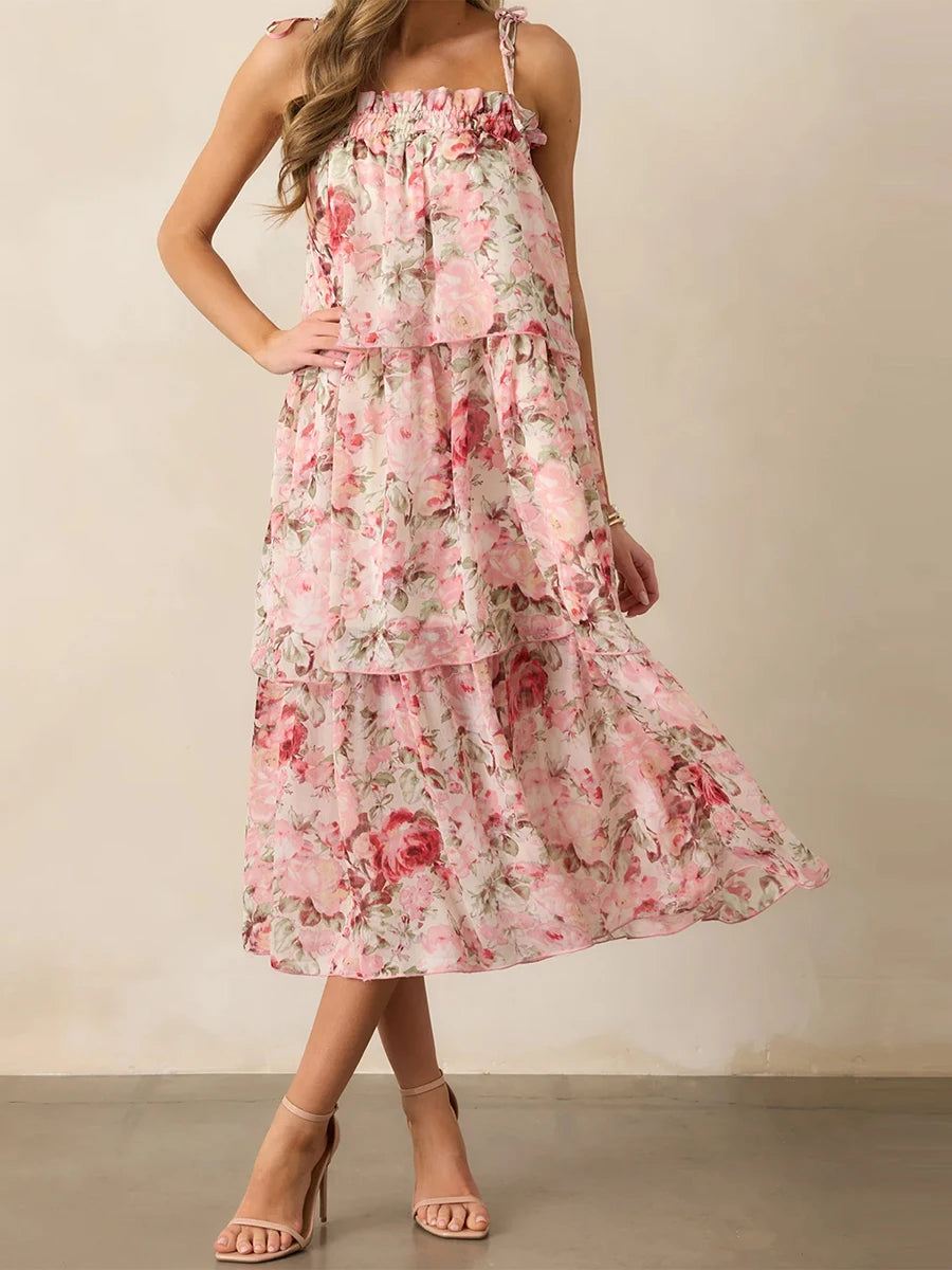 Women s Boho Floral Print Sleeveless Maxi Dress with V-Neckline and Tiered Ruffle Hem