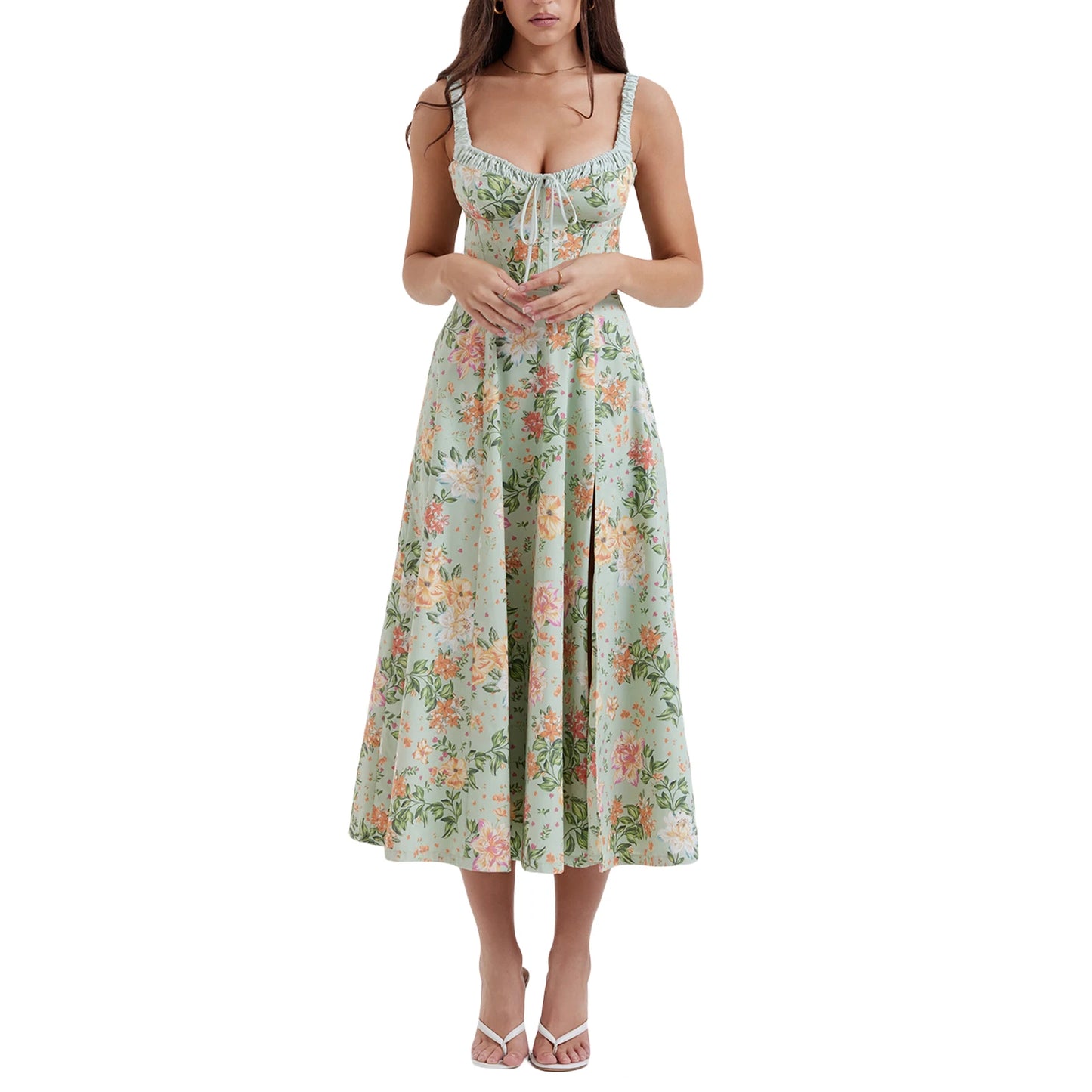 Women Summer Casual Midi Dress Floral Print Low-Cut Sleeveless