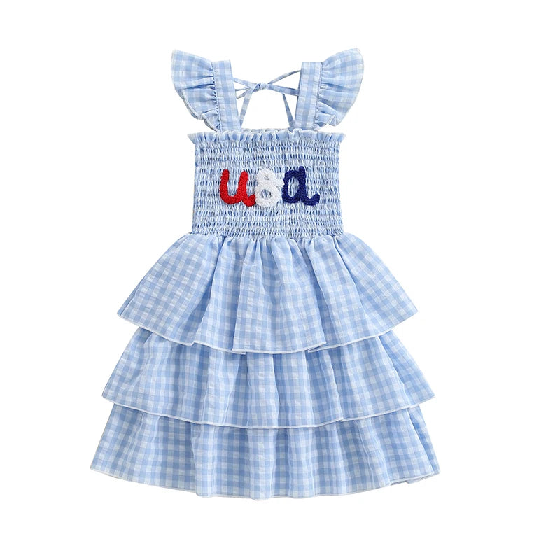 Independence Day Plaid Dress with Embroidered Stars and Stripes Smocked Flying Sleeve