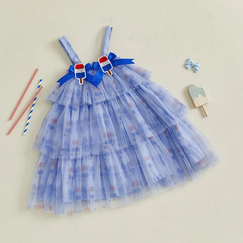 Toddler Girl Independence Day Patriotic Stars and Stripes Sleeveless Tulle Dress