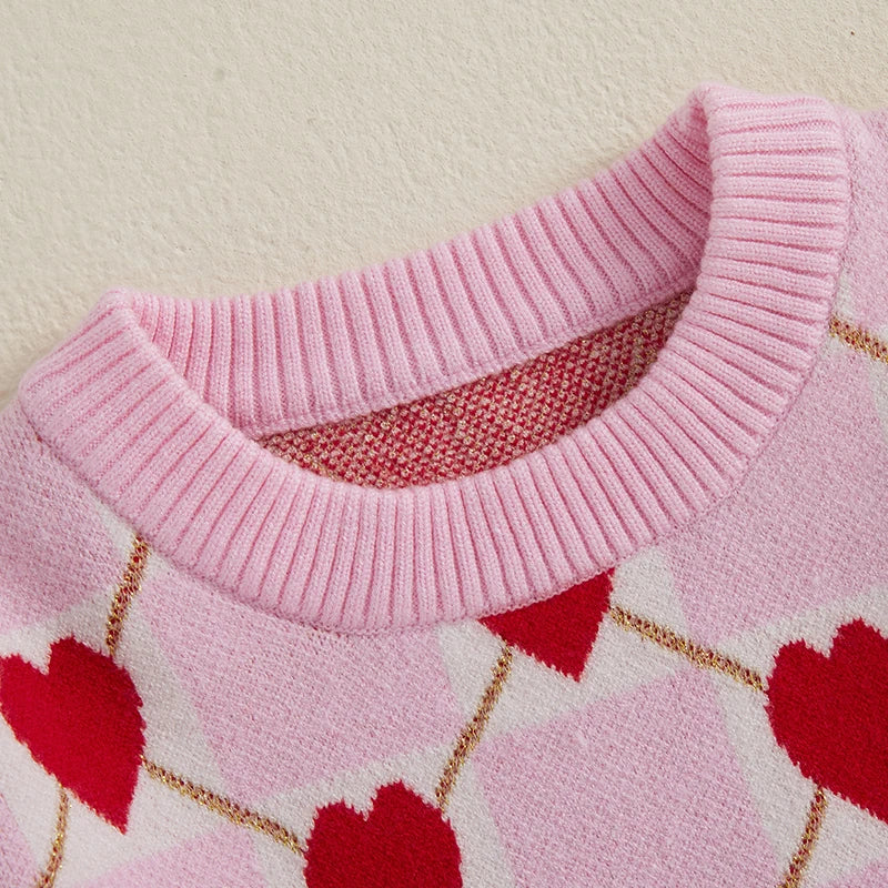 Girls Heart Patterned Knit Sweater with Long Sleeves and O Neckline -