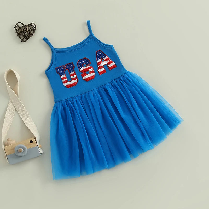 Independence Day Toddler Girl Dress with Embroidered Letters Sleeveless Tulle Patchwork