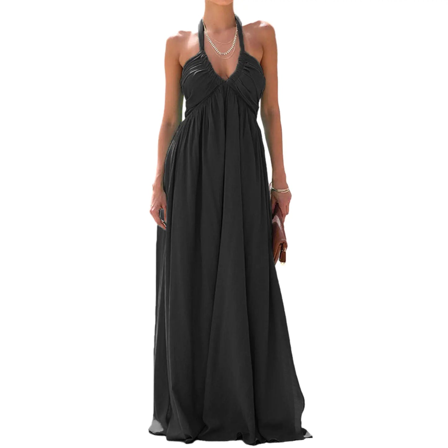 Women Summer Casual Long Dress Solid Color Tie-Up Halter Neck Sleeveless