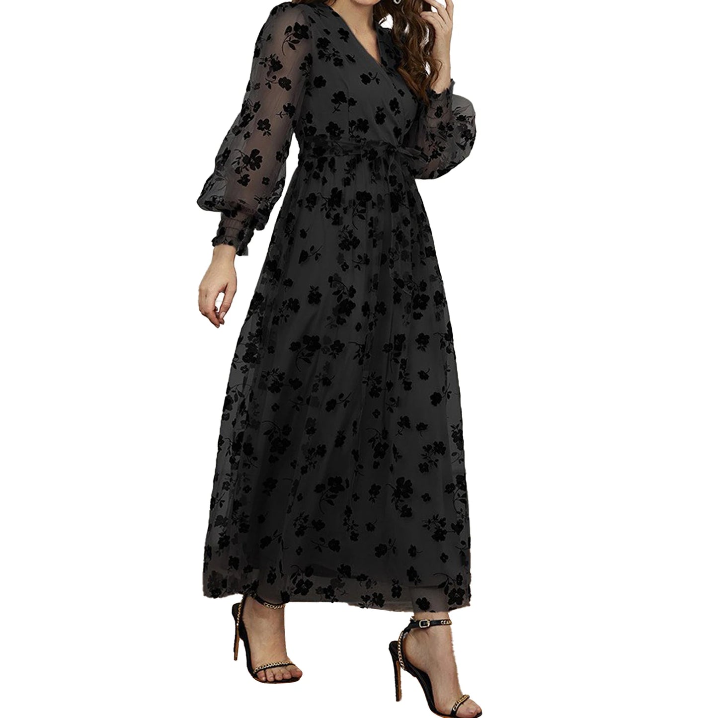 Floral Embroidered Belted Maxi Dress With Long Sleeves For Events