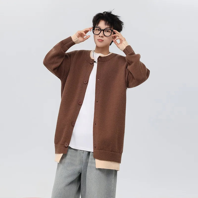 Men's Knit Cardigan Jacket With Block Pattern For Winter