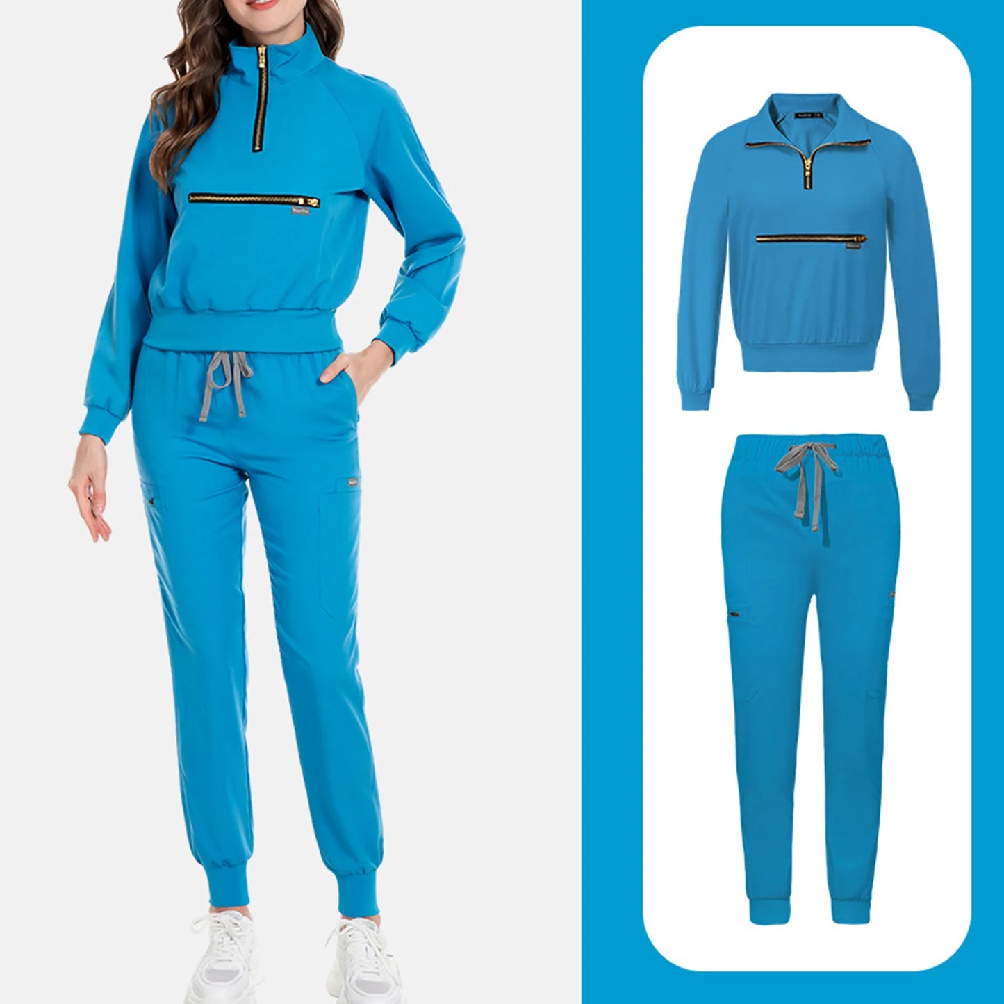Scrub Set Stand Collar Zipper Long Sleeve Multi Pocket Professional