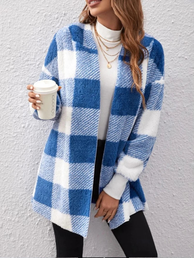Women's Thick Block Cardigan Loose Knit Plaid Sweater