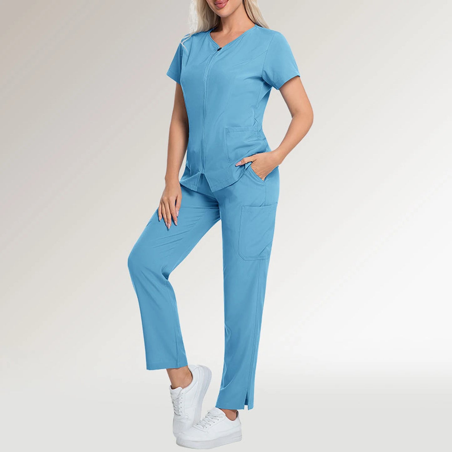 Scrub Set V-Neck Short Sleeve Zipper Multi-Pocket Solid Color Medical Uniform