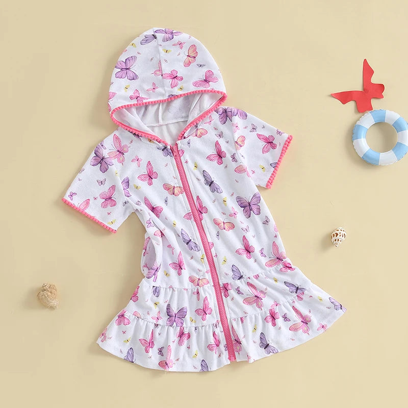 Girls Beach Coverups Hooded Dress with Cute Animal Print Short Sleeve
